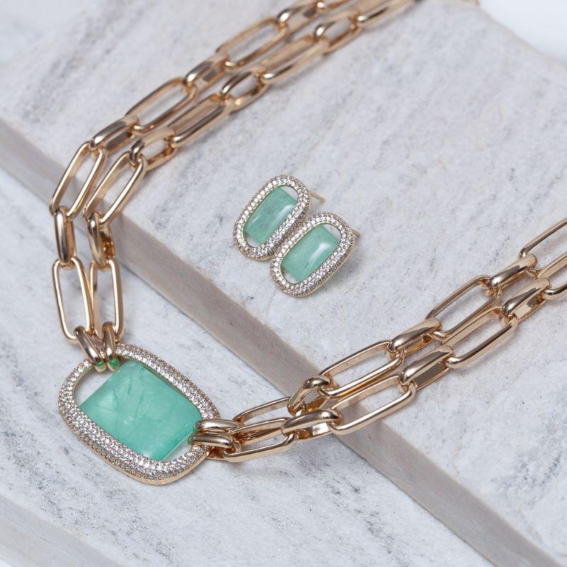 CONJUNTO ELOS COM PEDRA VERDE TIFFANY GRANDE BANHO OURO 18K