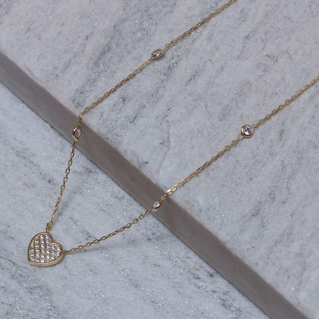 COLAR CORAÇÃO CRAVEJADO E CRISTAIS BANHO OURO 18K