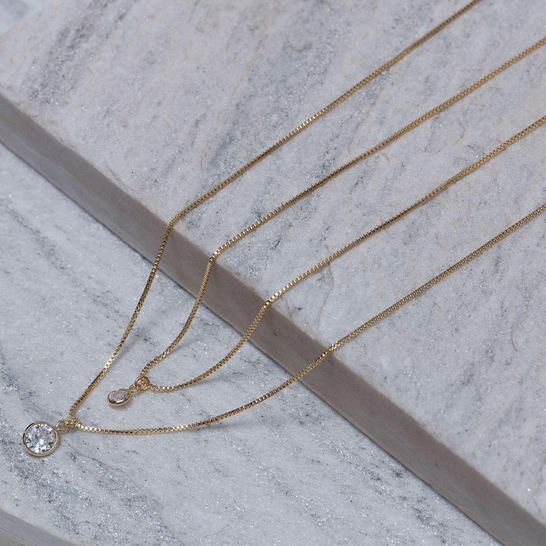 COLAR DUPLO PONTO DE LUZ CRISTAL BANHO OURO 18K