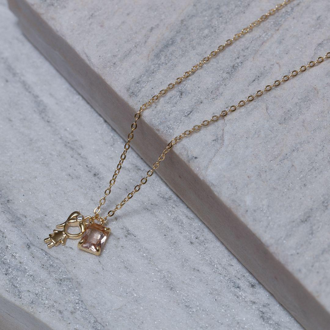 COLAR FILHOS MENINA COM PEDRA ROSA BANHO OURO 18K