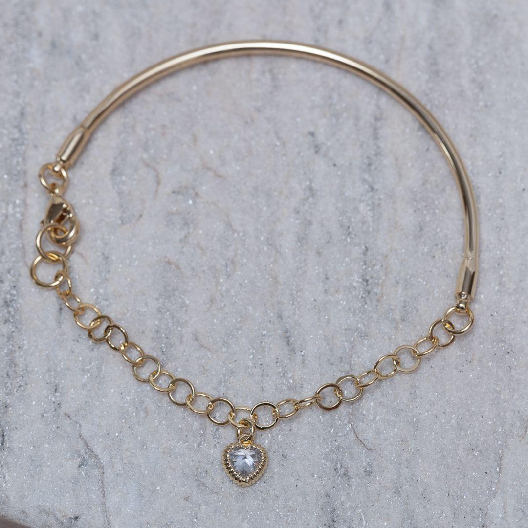 PULSEIRA ARO COM PINGENTE CORAÇÃO CRISTAL BANHO OURO 18K