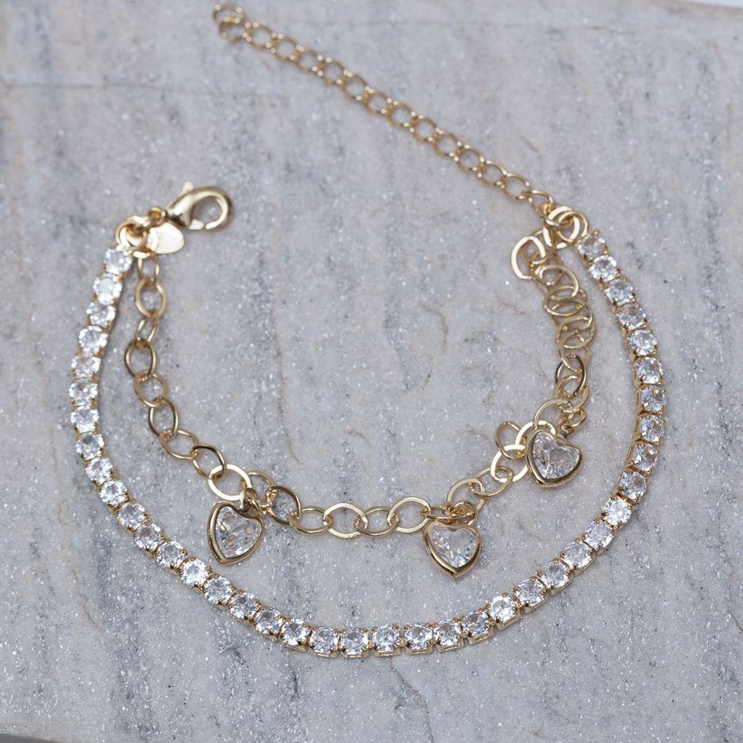 PULSEIRA DUPLA COM ZIRCÔNIAS E CORAÇÕES BANHO OURO 18K