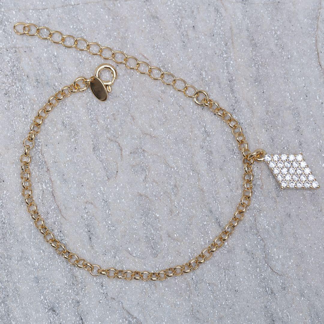 PULSEIRA ELO PORTUGUÊS COM PINGENTE LOSANGO BANHO OURO 18K