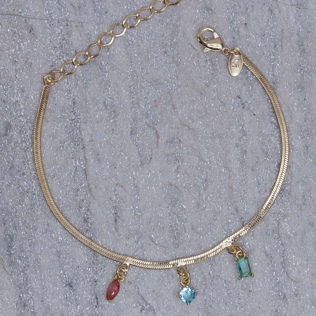 PULSEIRA FITA ESPELHADA COM PEDRAS COLORIDAS BANHO OURO 18K