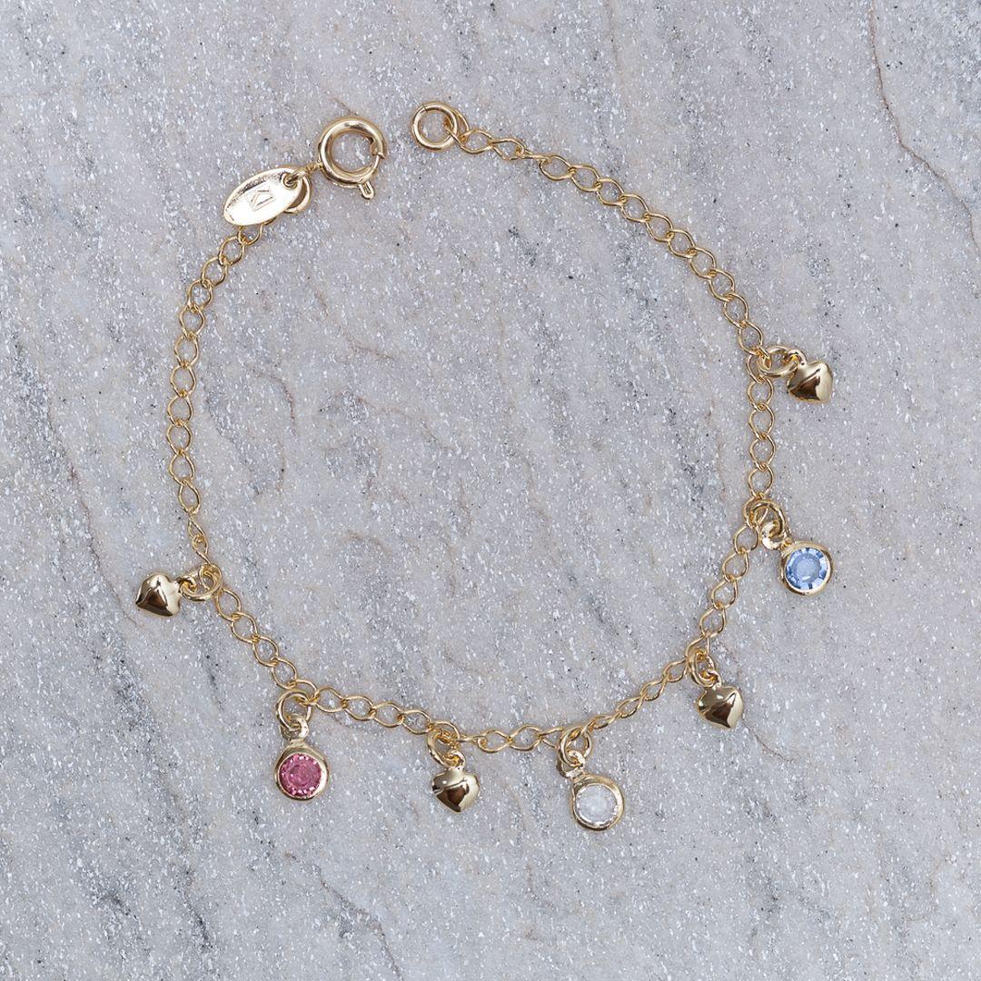 PULSEIRA INFANTIL CORAÇÕES E PEDRAS COLORIDAS BANHO OURO 18K