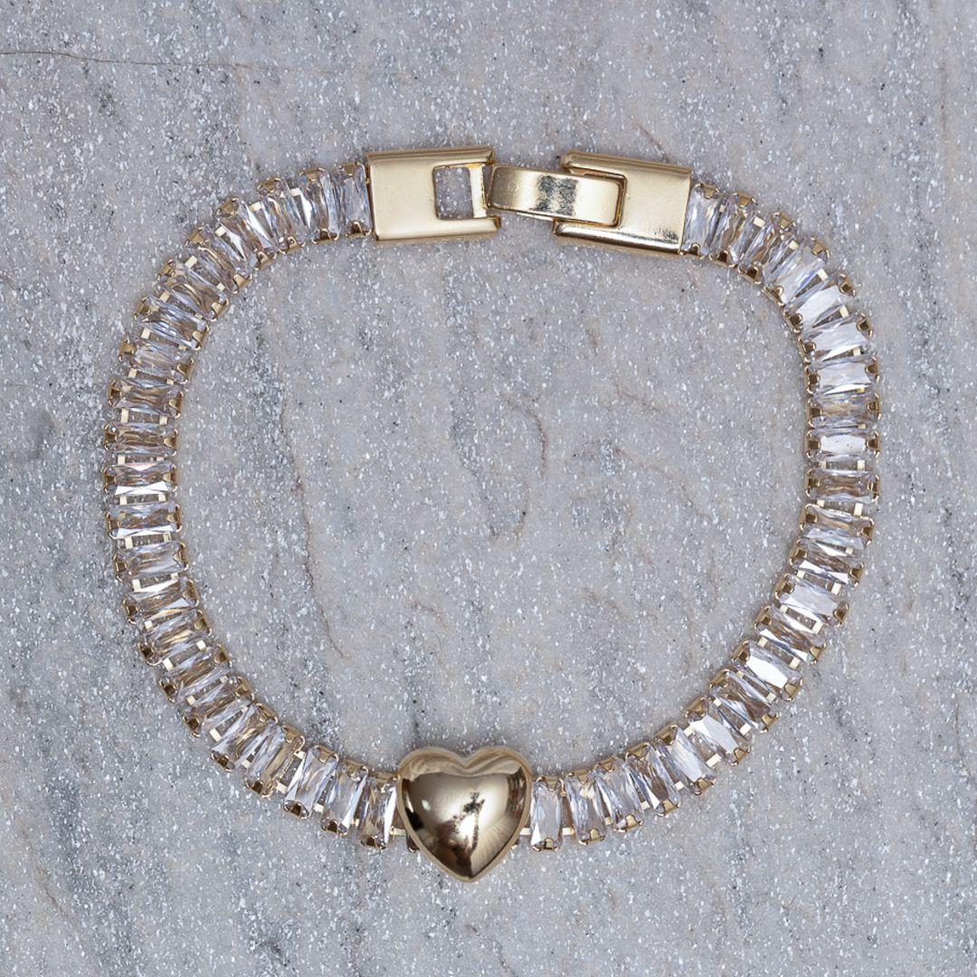 PULSEIRA NAVETE COM CORAÇÃO BANHO OURO 18K