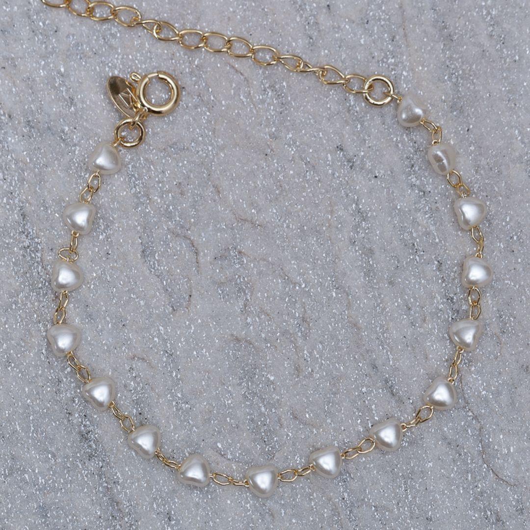 PULSEIRA PÉROLA CORAÇÃO BANHO OURO 18K