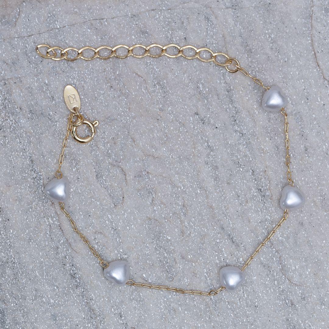 PULSEIRA PÉROLA CORAÇÃO BANHO OURO 18K