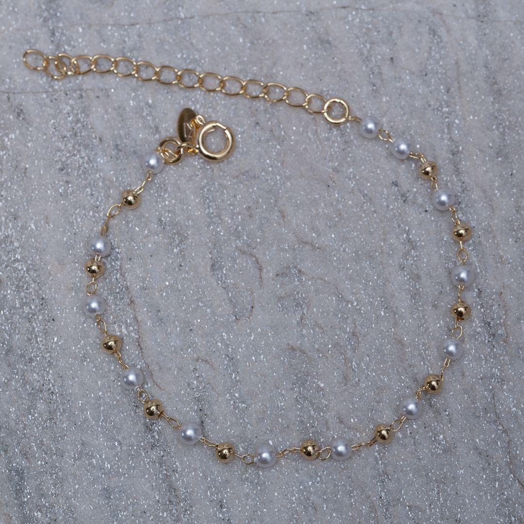 PULSEIRA PÉROLAS E BOLINHAS BANHO OURO 18 K