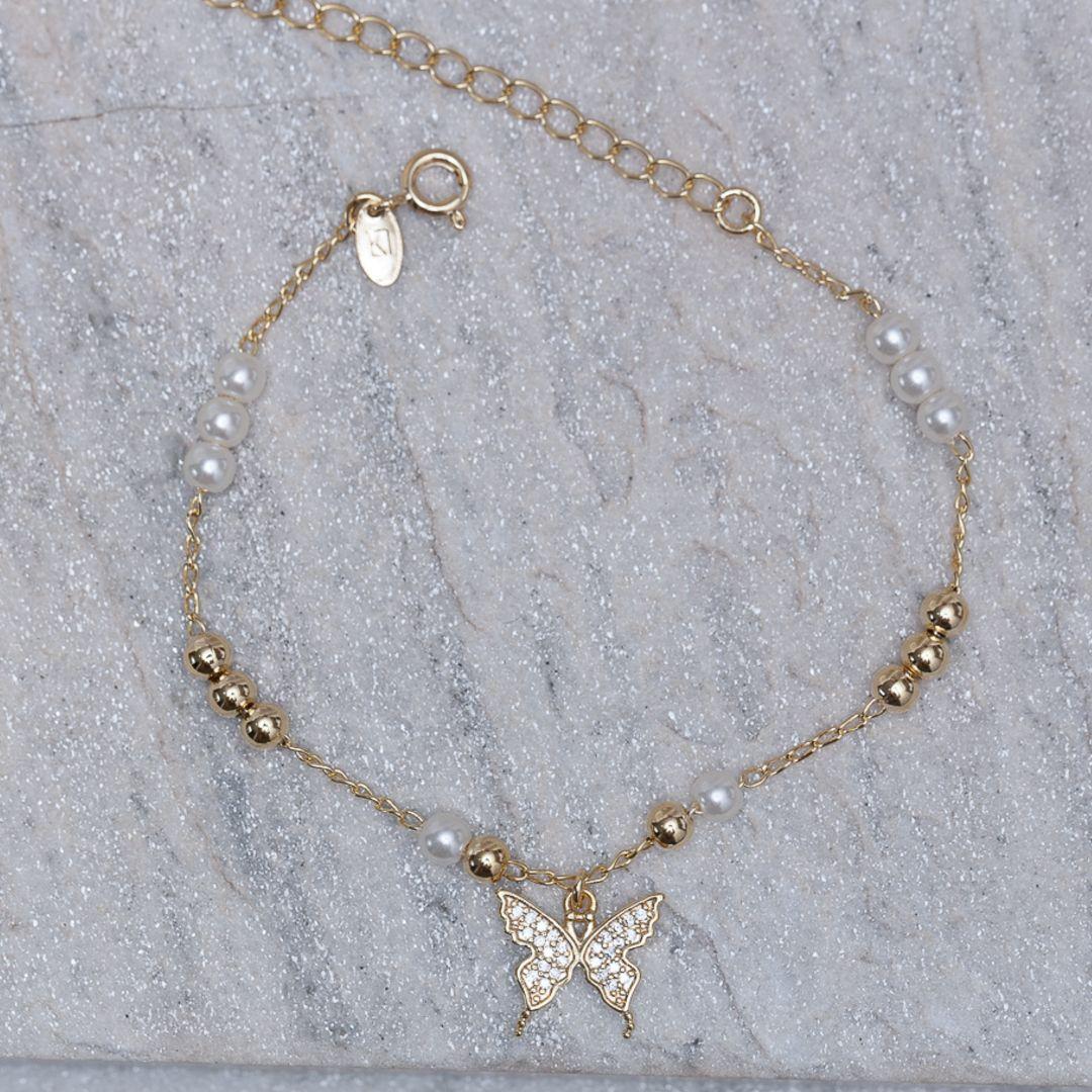 PULSEIRA PÉROLAS E BORBOLETA BANHO OURO 18K