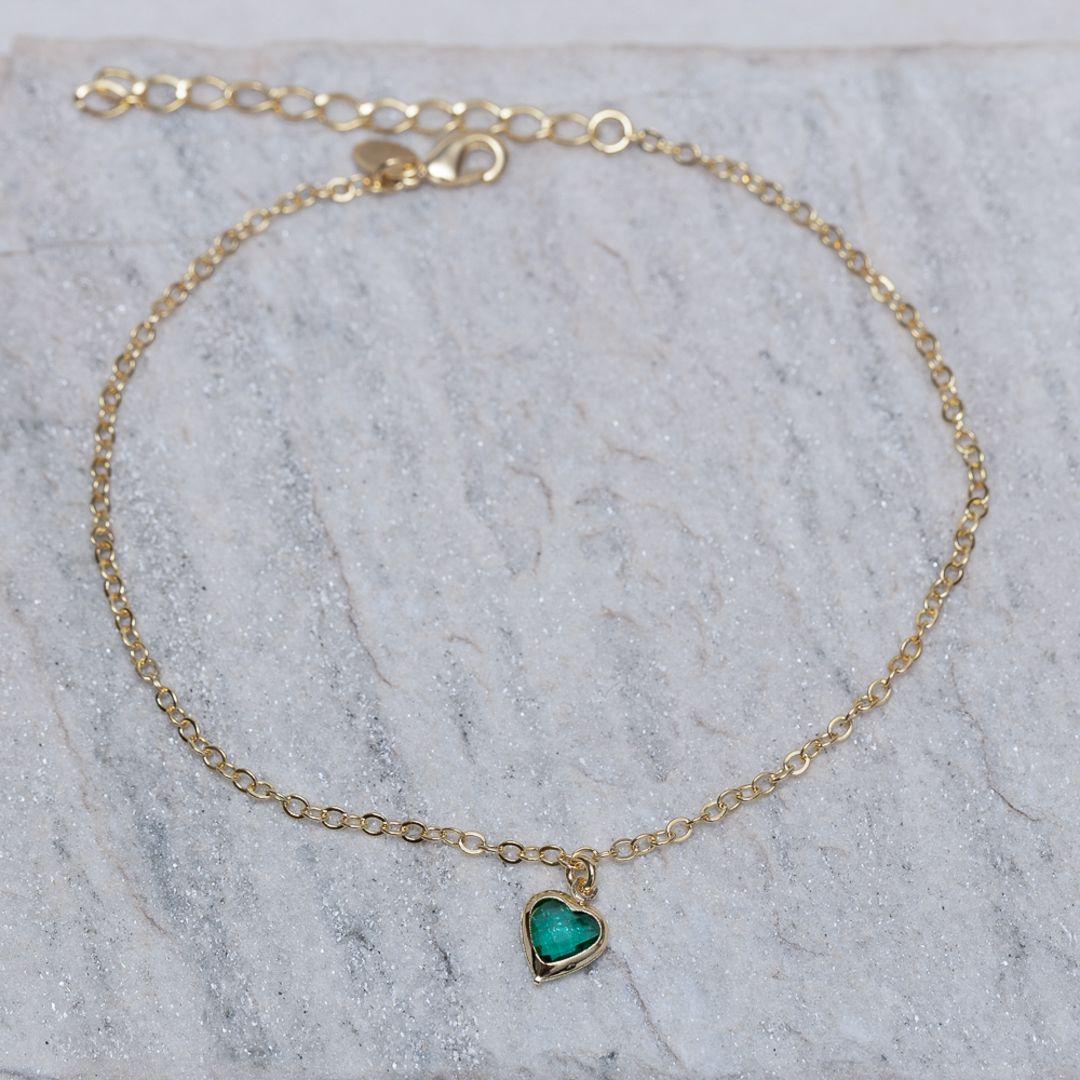 TORNOZELEIRA CORAÇÃO VERDE BANHO OURO 18K