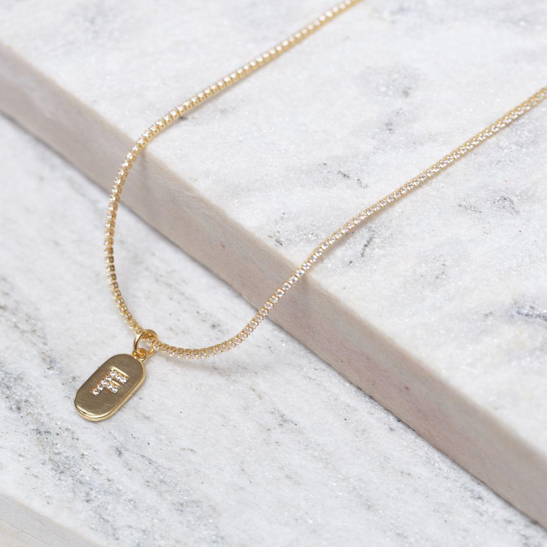 CHOKER RIVIERA PP COM LETRA F CRISTAL BANHO OURO 18K