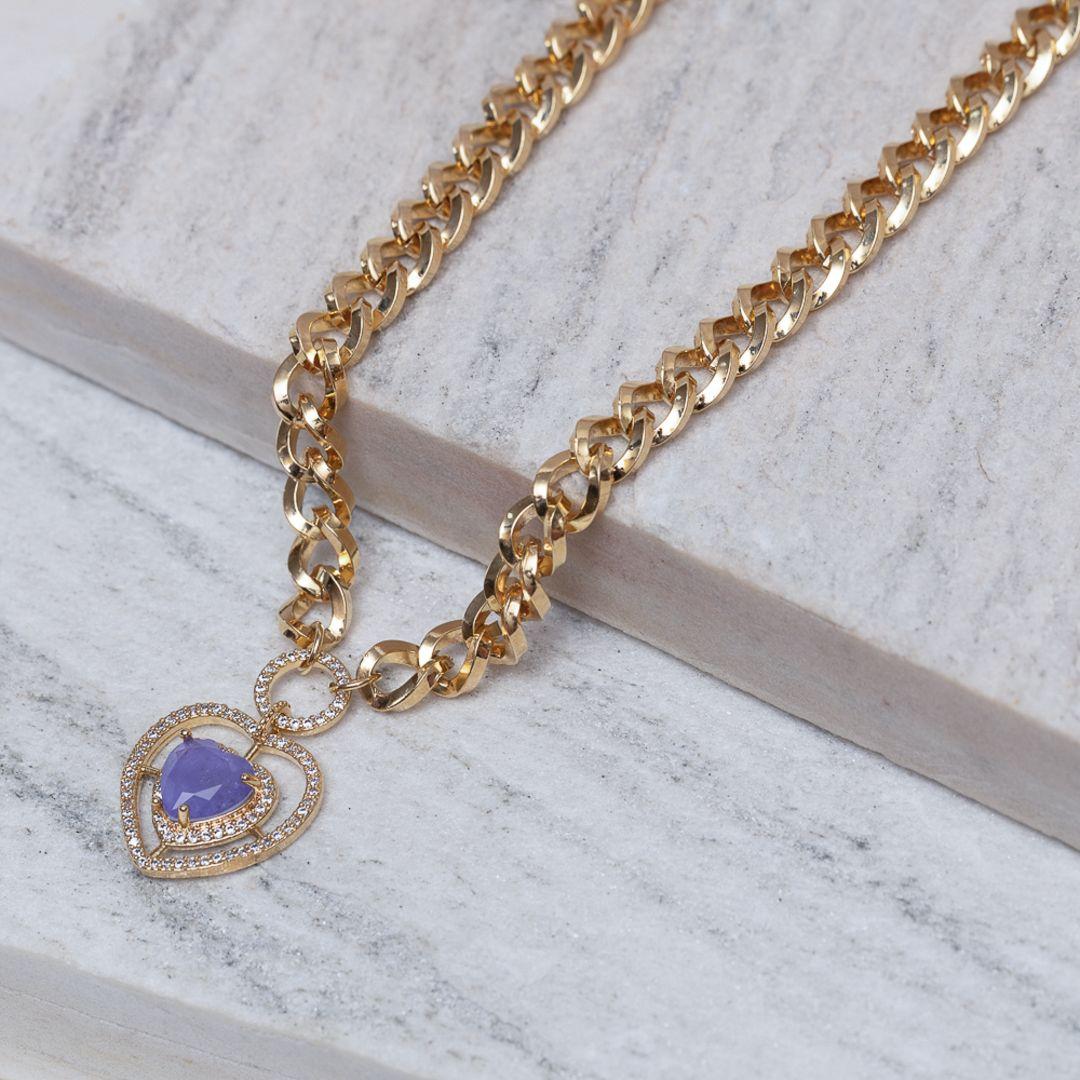 COLAR ELOS GRUMET CORAÇÃO COM PEDRA ROXA BANHO OURO 18K