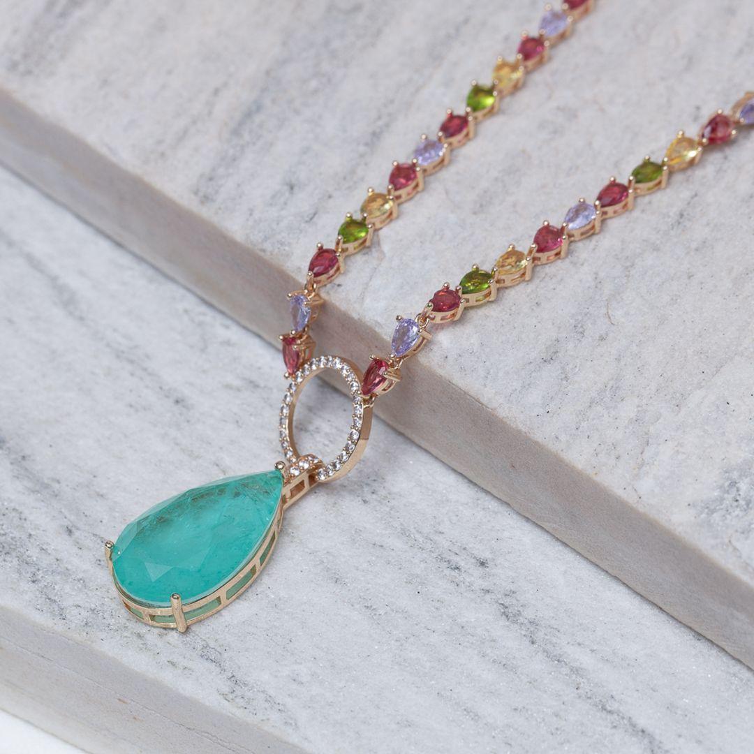 COLAR RIVIERA COLORIDA E GOTA VERDE TIFFANY BANHO OURO 18K
